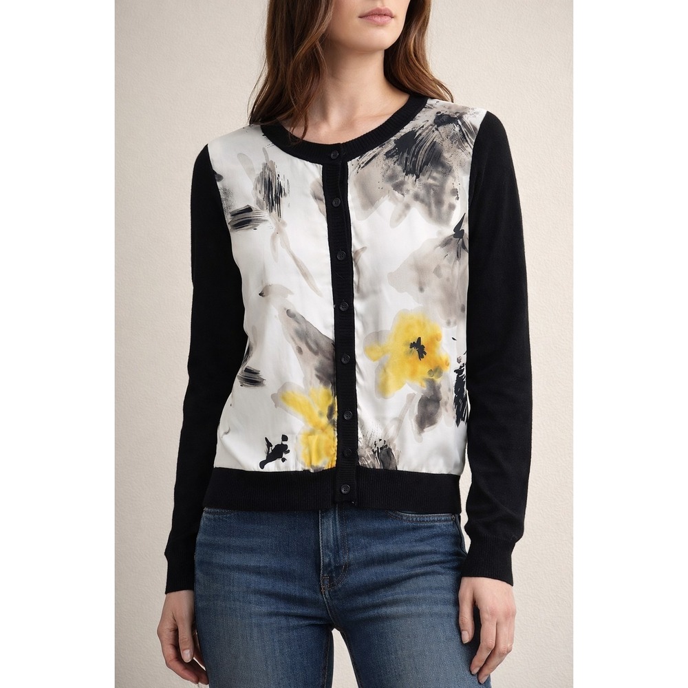 For Cynthia Womens Small Mixed Media Cardigan Sweater Floral Front Black